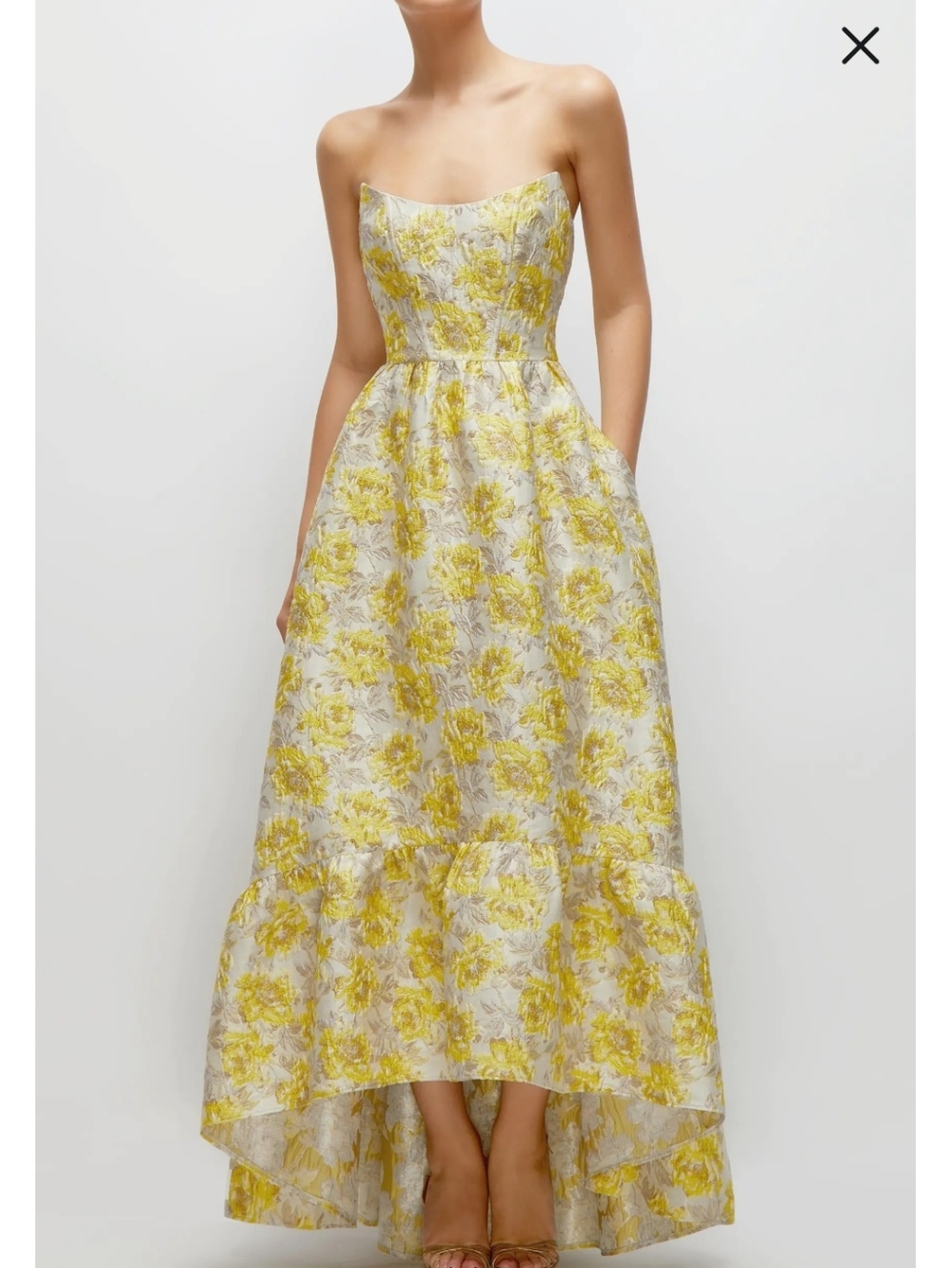 Metallic Jacquard Corset High/Low Gown Dessy Collection In Golden Yellow